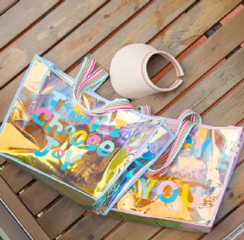 Best Selling Products 2025 Colorful String Handle XL Large Summer Beach Holographic Pvc Tote Shopping Bag