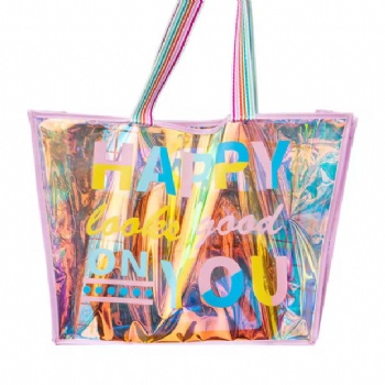 Best Selling Products 2025 Colorful String Handle XL Large Summer Beach Holographic Pvc Tote Shopping Bag