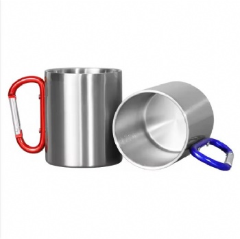 Customize Outdoor Camping Travel Carabiner Mug With Handle Stainless Steel Double Wall Coffee Cup Metal Carabiner Mug