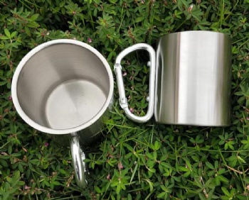 Custom Logo Portable 220ml 300ml Outdoor Camping Travel Stainless Steel Coffee Cup Double Walled Carabiner Mug with Handle