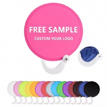 Custom Printed Soft Nylon Flying Disc Round Nylon Hand Folding Fan With Pouch Foldable Flying Disc Customized Logo with Pocket